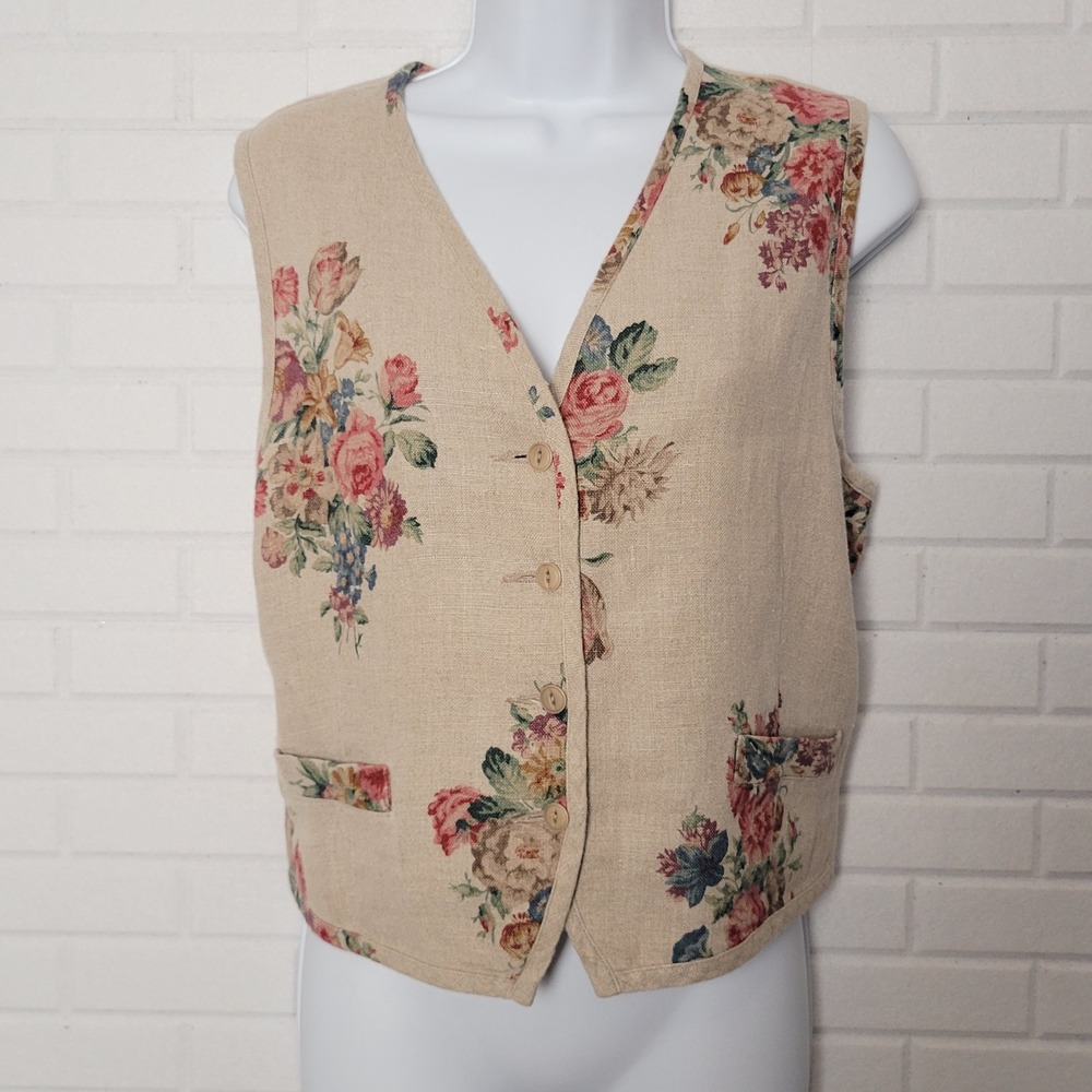 Vintage 1990s Karen Kane Vest Large Beige Floral Linen Cottagecore Romantic